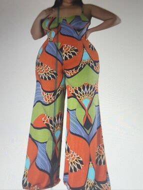 Plus-Size Orange & Green Wide-Leg Jumpsuit